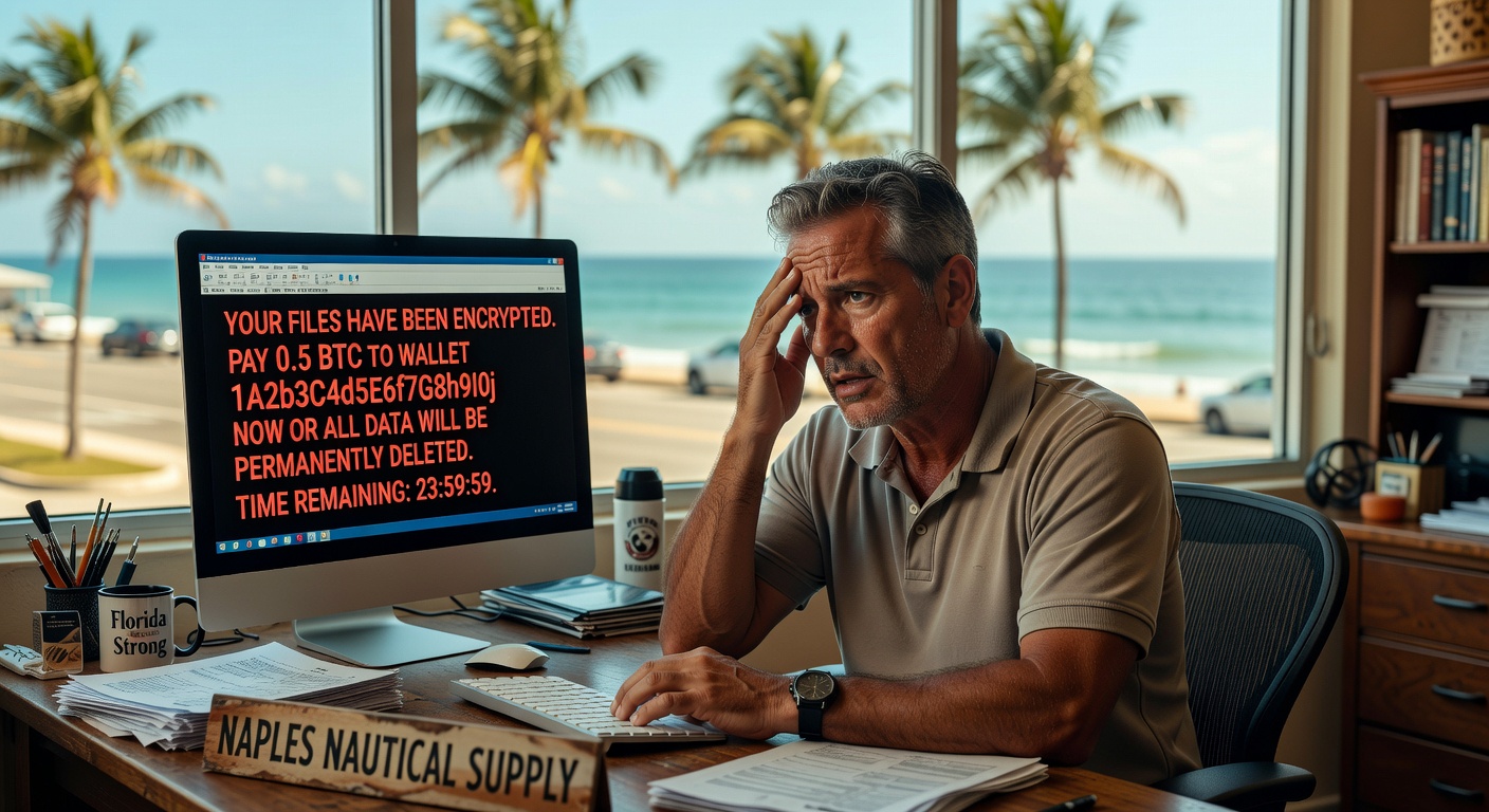 Ultra-detailed 8K image of a concerned Naples small business owner viewing ransomware warning on computer screen in a sunlit office with Florida coastal elements visible through window