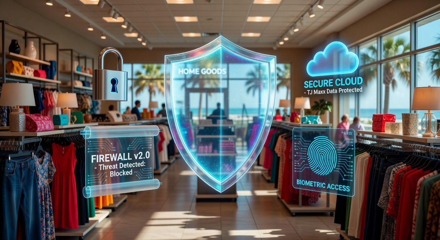 Ultra-realistic 8K image of cybersecurity shield protecting a retail store interior resembling TJ Maxx in Southwest Florida, digital security icons floating in foreground, dramatic lighting