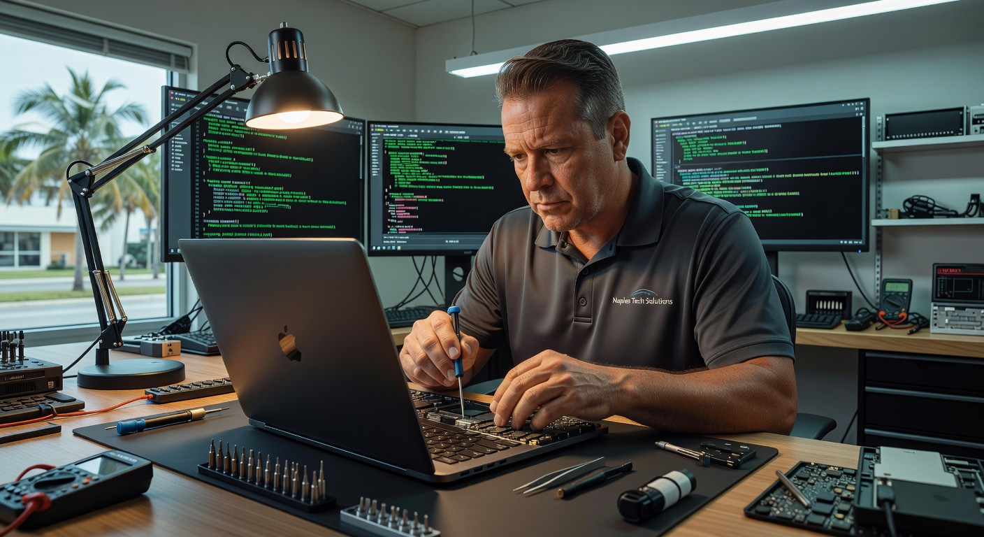 Close-up ultra-realistic 8K photo of professional technician performing virus removal on opened laptop in clean Naples FL workshop, precision tools visible, multiple diagnostic monitors displaying code in background