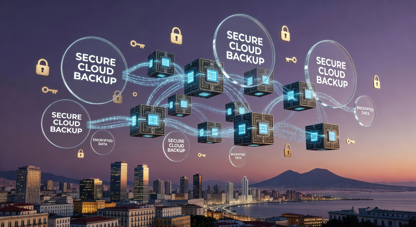 Ultra-realistic 8K image of secure cloud backup infrastructure visualized as glowing data nodes floating above a Naples business district skyline at twilight with protection shields and encryption symbols