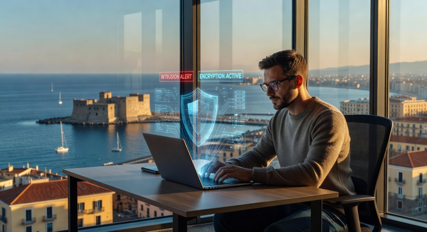 Ultra-realistic 8K photograph of a cybersecurity expert in Naples working on a laptop with digital shield icons and protection graphics floating above, waterfront background visible through window