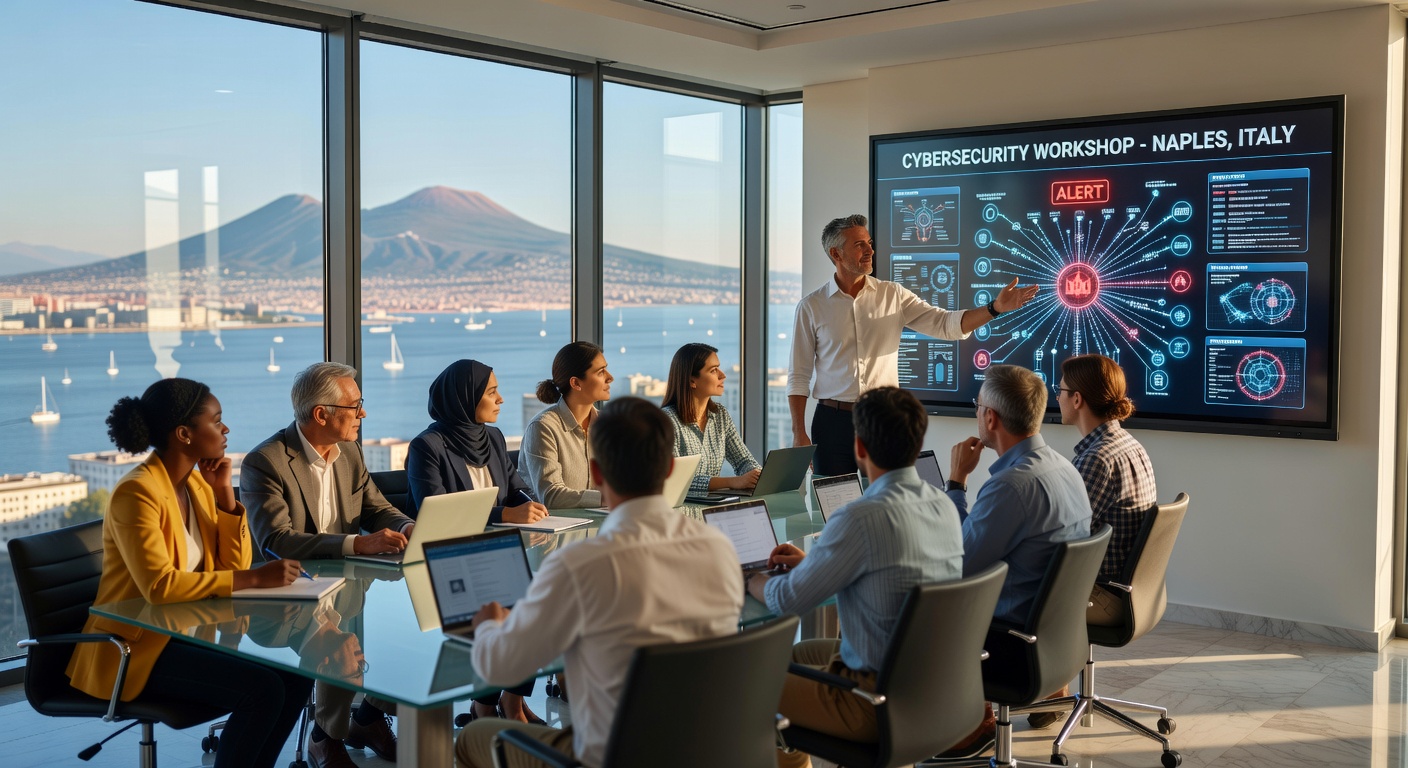 8K realistic photograph of diverse employees in a Naples business participating in cybersecurity training workshop with interactive screens and professional trainer