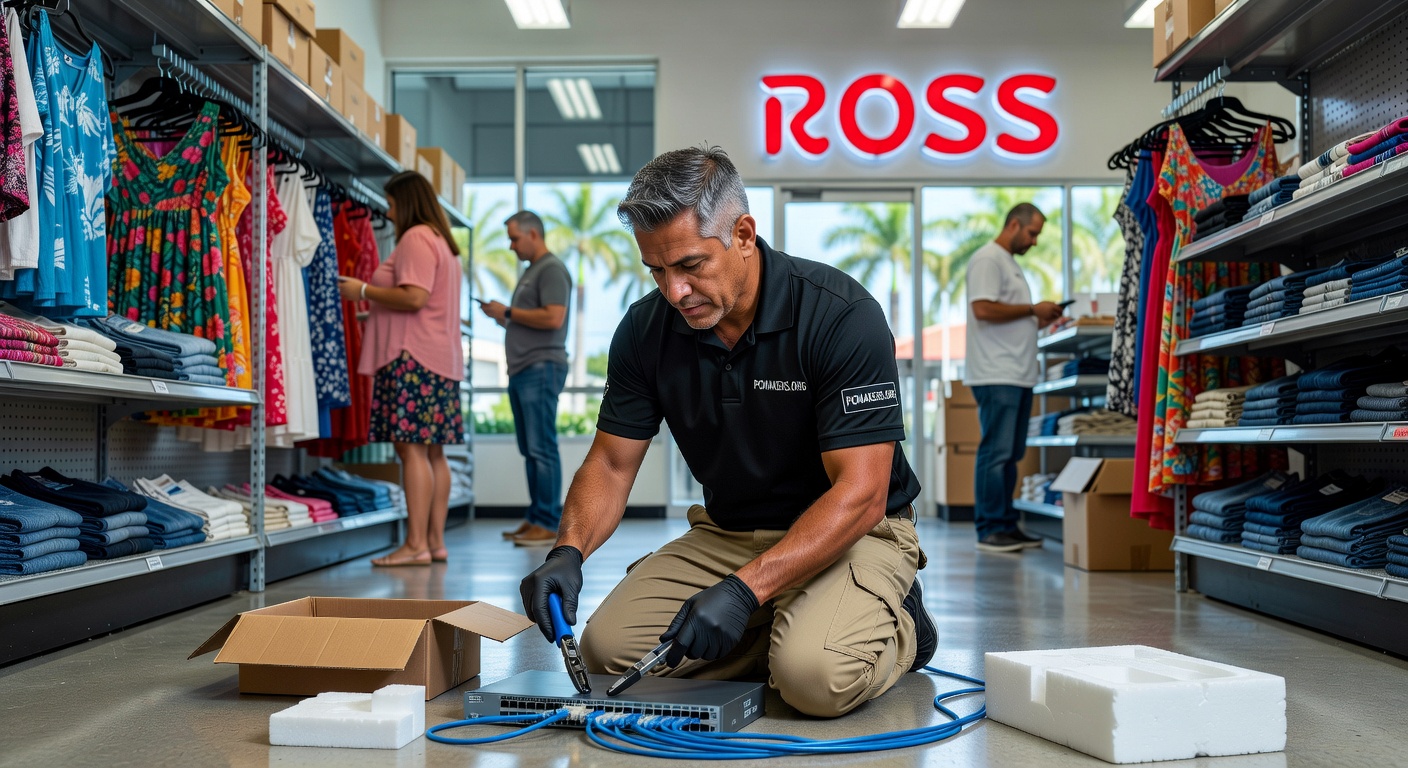 Photorealistic 8K photograph of PCMakers.org IT engineer installing network equipment in a Ross retail store in Naples FL, natural store lighting with customers subtly in background