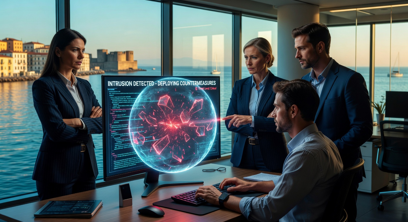 Ultra-realistic 8K depiction of a ransomware attack being stopped in real-time by managed IT services, showing digital barriers blocking malicious code with Naples waterfront visible through an office window