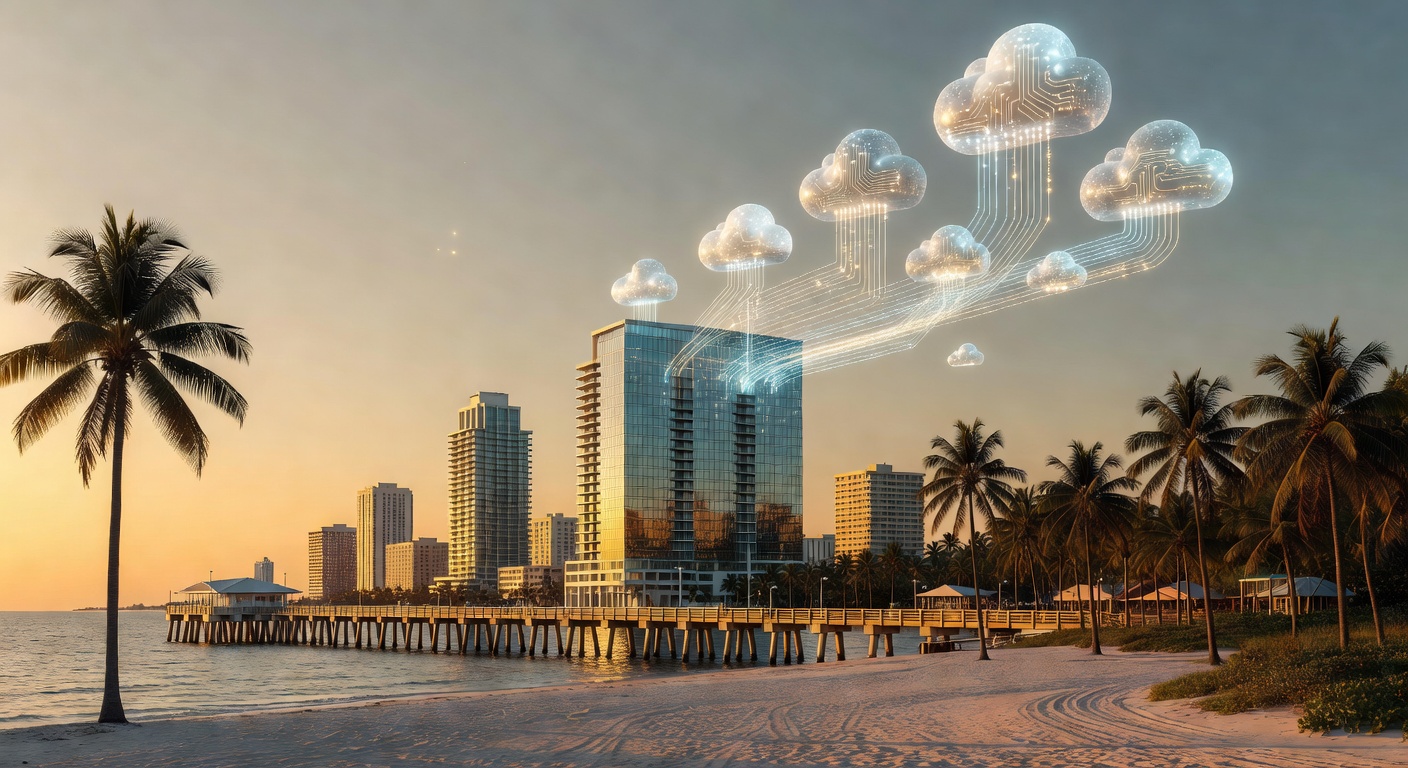 Ultra-realistic 8K image showing cloud computing concept with Naples Florida skyline transitioning into floating cloud icons and data connections, golden hour lighting
