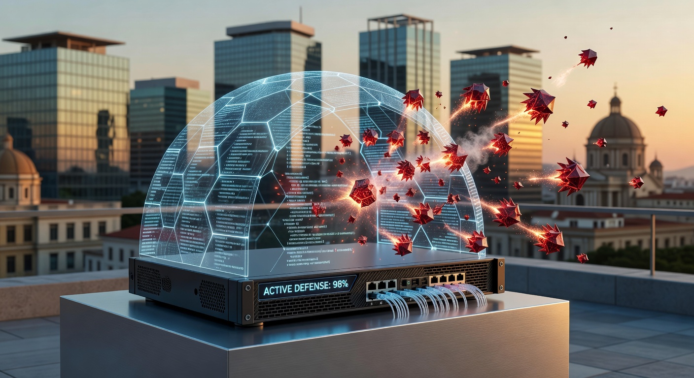 Ultra-realistic 8K visualization of a next-generation firewall protecting a network with digital barriers blocking cyber threats, Naples business district in soft background