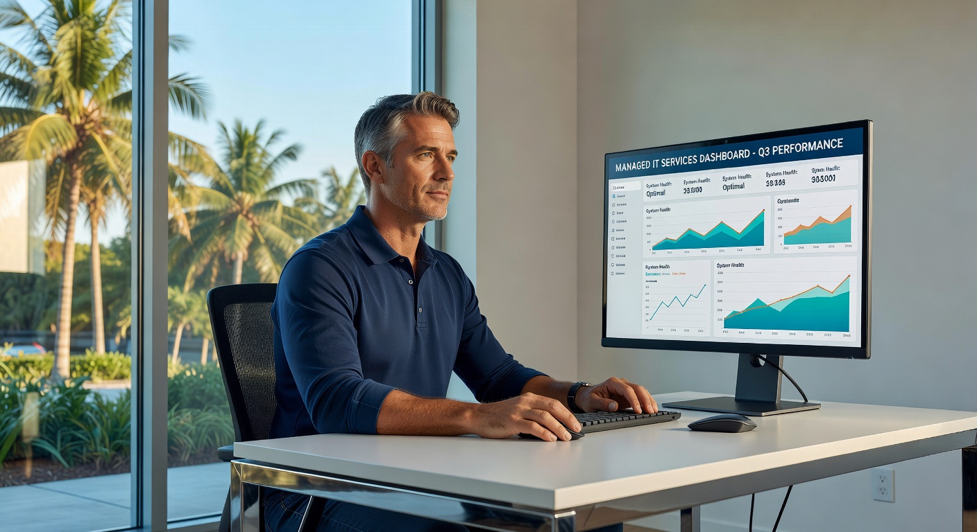Ultra-detailed 8K image of business owner in Naples Florida office reviewing managed IT dashboard on large monitor, sunny window with palm trees visible outside, professional atmosphere