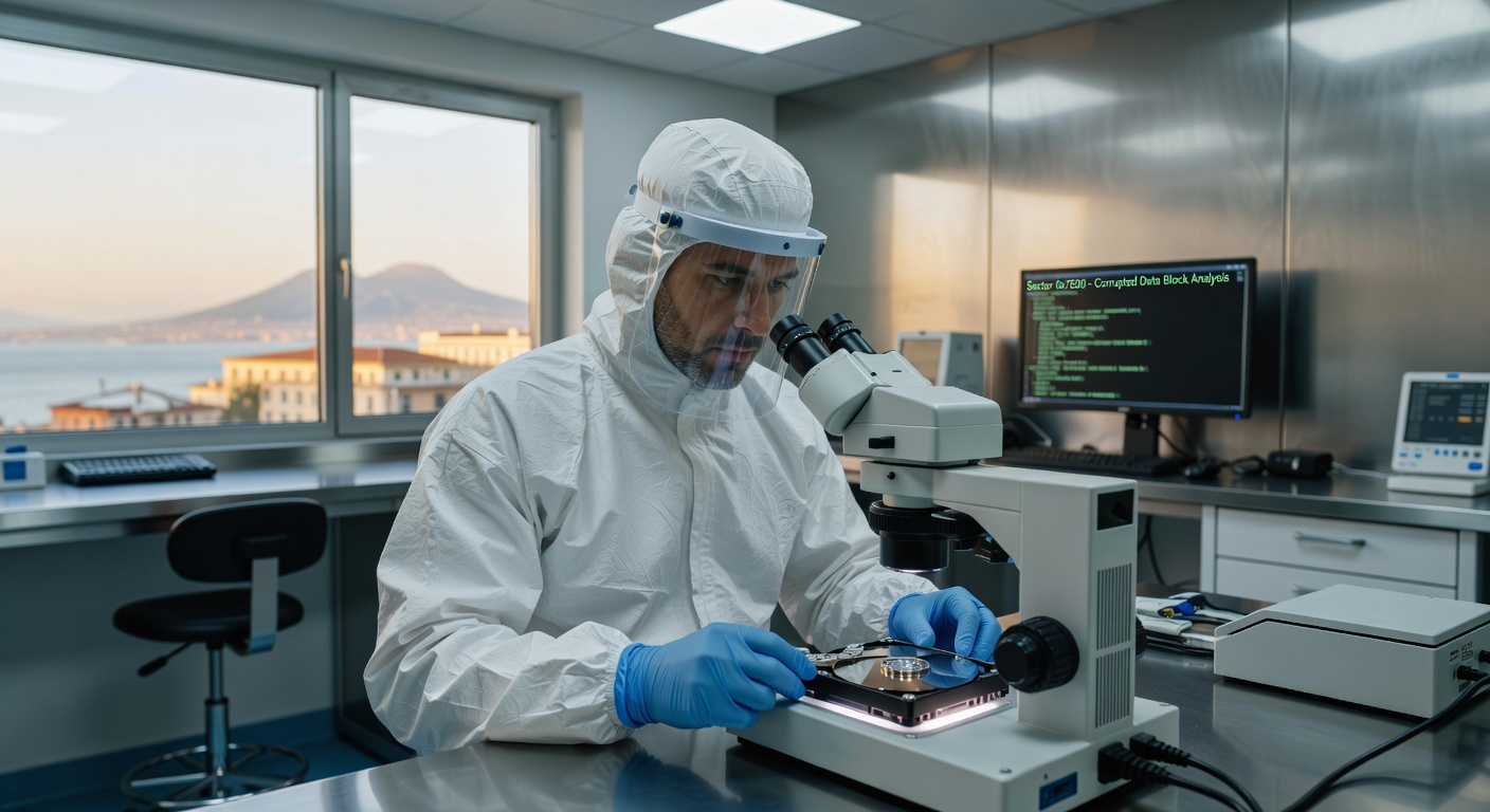 Ultra-realistic 8K photograph of data recovery specialist in sterile cleanroom suit working on disassembled hard drive under microscope in high-tech Naples laboratory, focused expression and precise movements