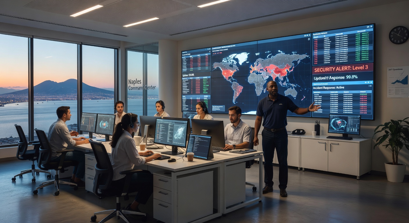 Ultra-realistic 8K image of a diverse team of IT professionals in a high-tech Naples command center monitoring network security with 24/7 operations displayed on large video walls