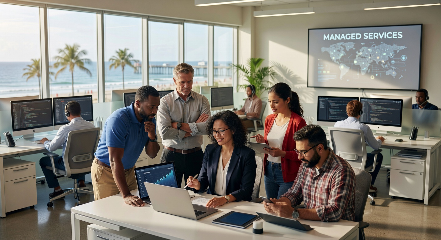 Ultra-realistic 8K photo of a diverse team of IT professionals providing managed services in a bright modern office in Naples FL, collaborative environment