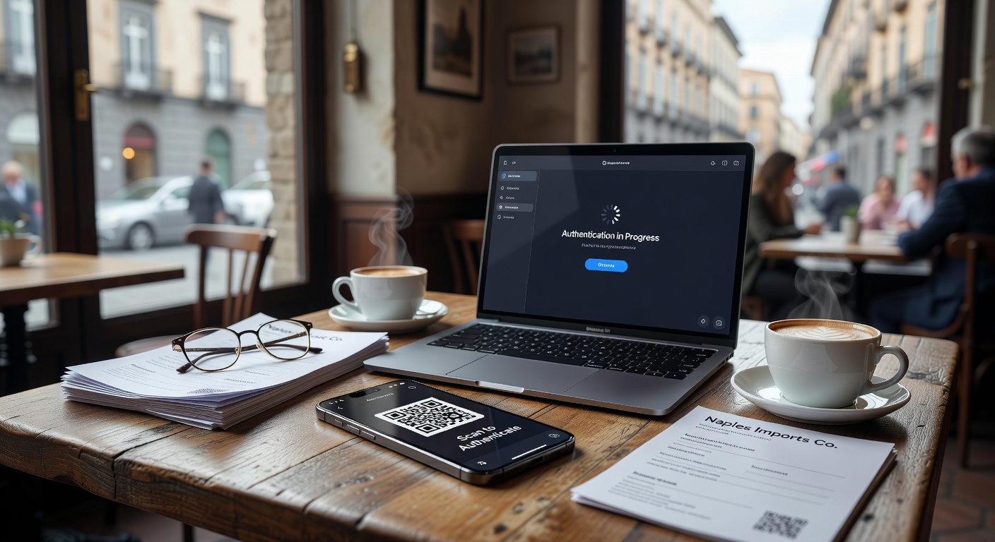 Photorealistic 8K close-up of multi-factor authentication process on smartphone and laptop in a Naples cafe environment with coffee and business documents