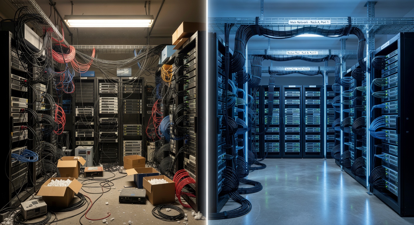 Ultra-realistic 8K photograph showing before and after split view of chaotic server room versus perfectly organized managed IT infrastructure with proper cabling and cooling