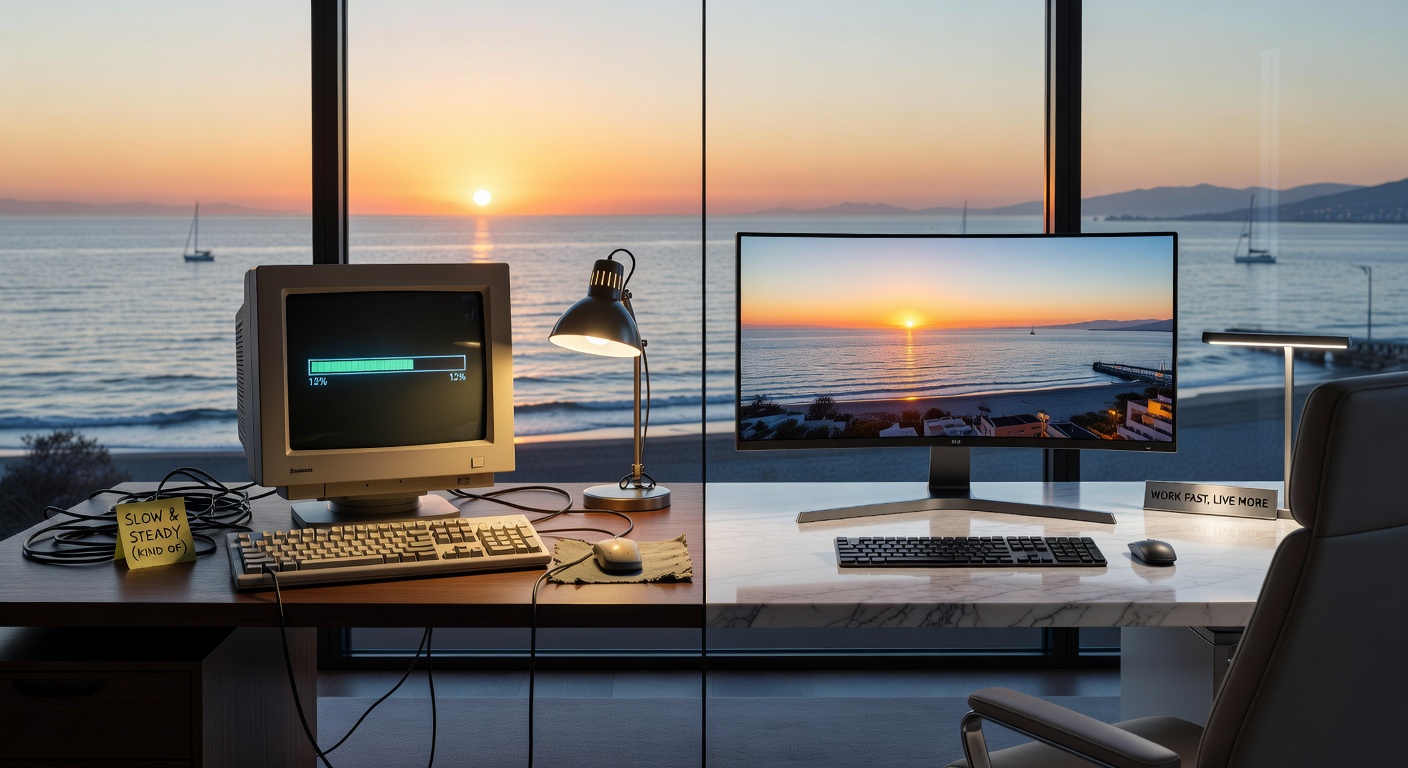 Split-screen ultra-realistic 8K image comparing old sluggish computer versus new modern workstation on executive desk overlooking Naples beach at sunset, clean professional setting