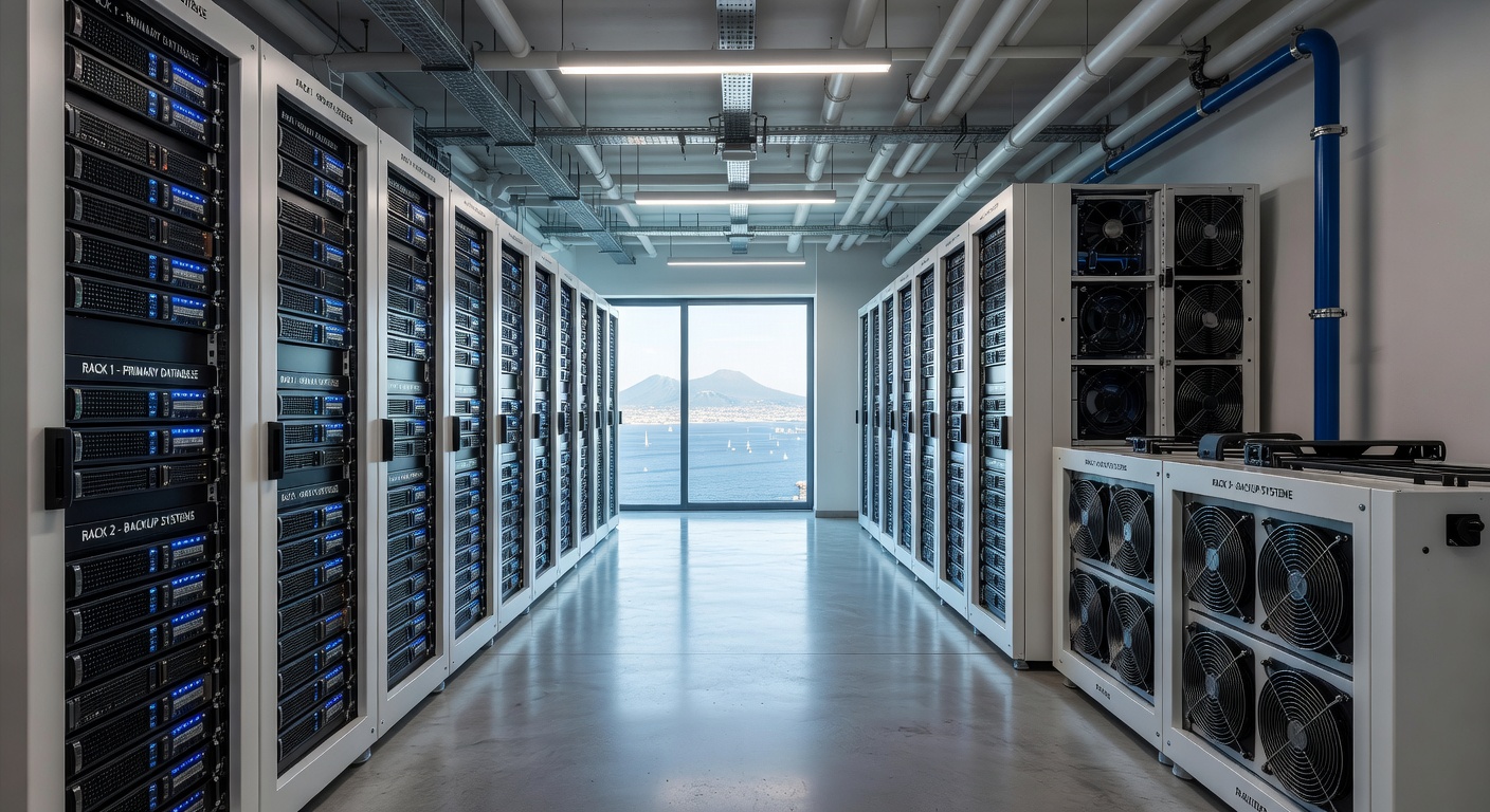 Ultra-realistic 8K photograph of a secure server room in a Naples business with organized racks, blue LED lighting, and advanced cooling systems, conveying professionalism and security