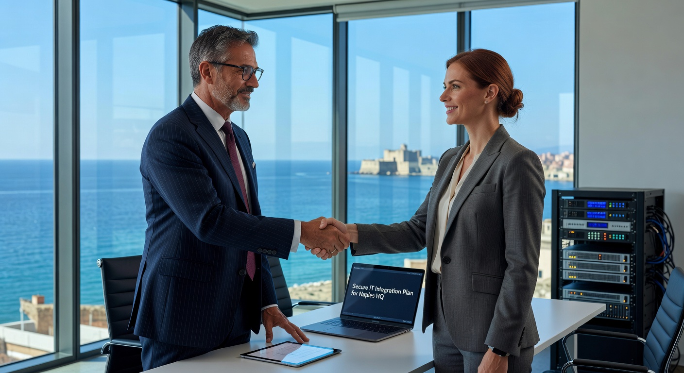 Ultra-realistic 8K image of a business owner in Naples shaking hands with a managed IT services consultant in a professional setting with technology elements
