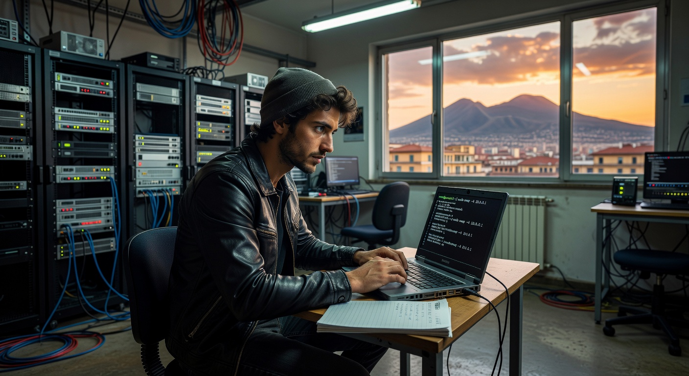 8K ultra-realistic image of a professional penetration test in progress showing ethical hacker identifying vulnerabilities in a small business server room in Naples