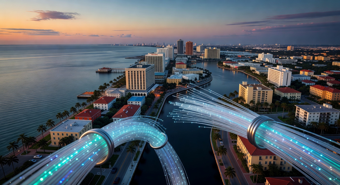 Photorealistic 8K image of high-speed fiber optic network cables glowing with data flow over aerial view of Naples Florida coastline and business areas at dusk