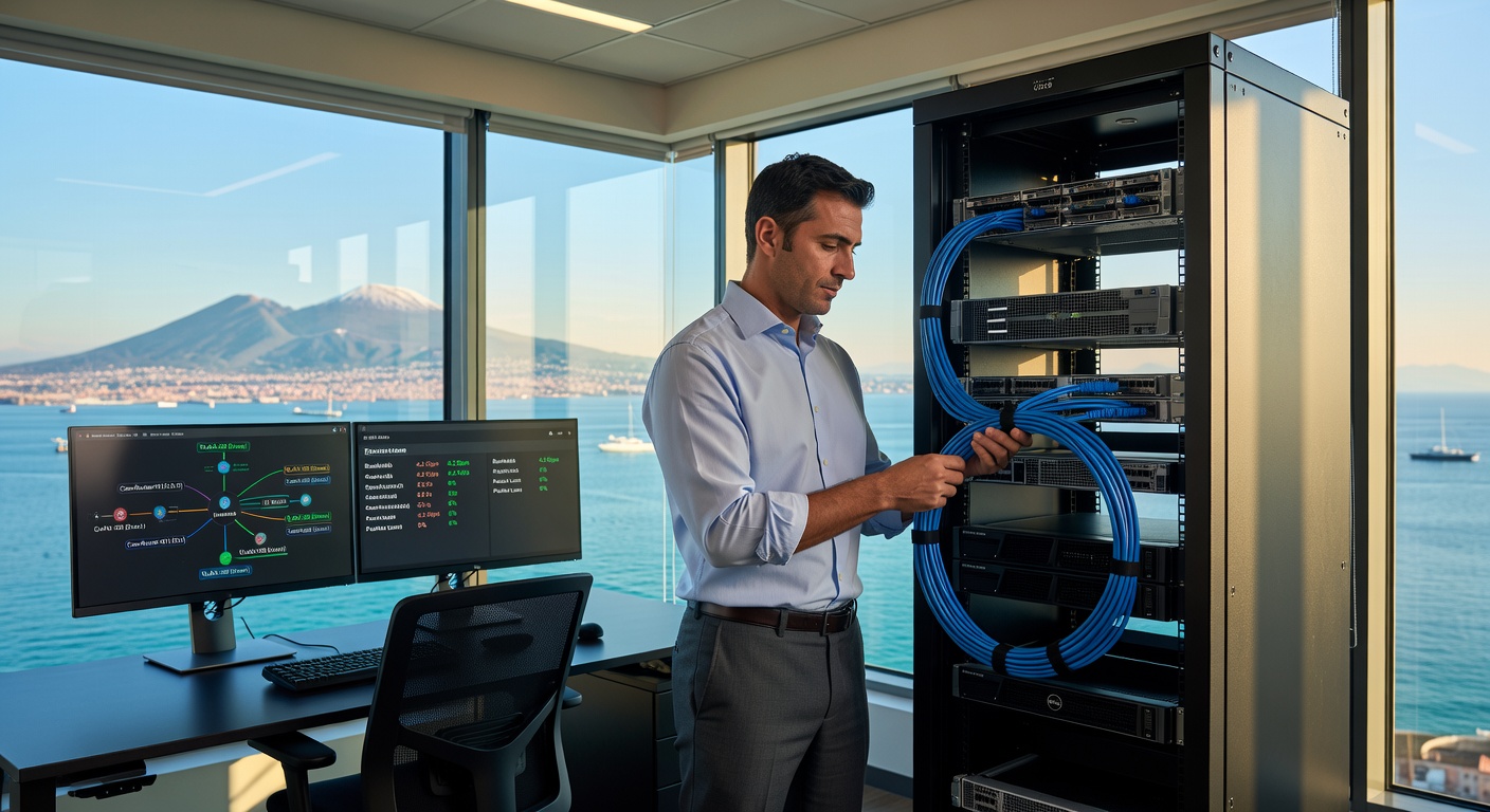 Ultra-realistic 8K photo of network engineer designing server rack infrastructure in bright modern Naples business office, cables neatly organized, multiple monitors showing network diagrams