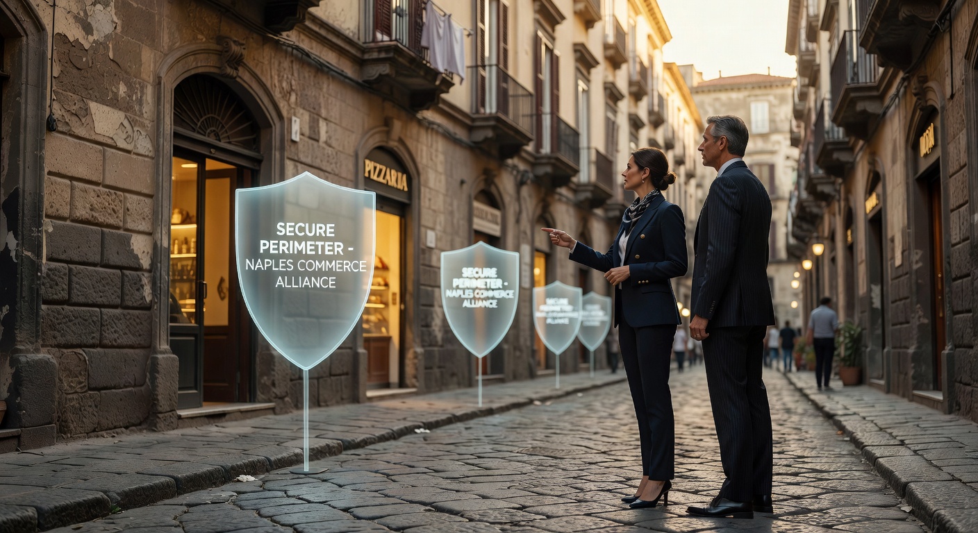 Ultra-realistic 8K image showing the concept of proactive monitoring with digital shields protecting a network of connected Naples businesses, illustrated with glowing security perimeters