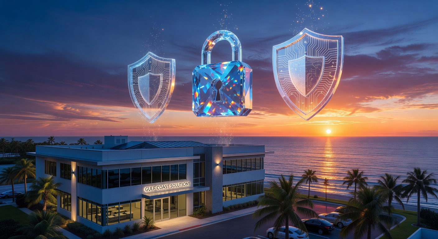 Detailed 8K photo of secure encrypted cloud storage icons floating above a Naples small business office building with dramatic sunset over the Gulf of Mexico