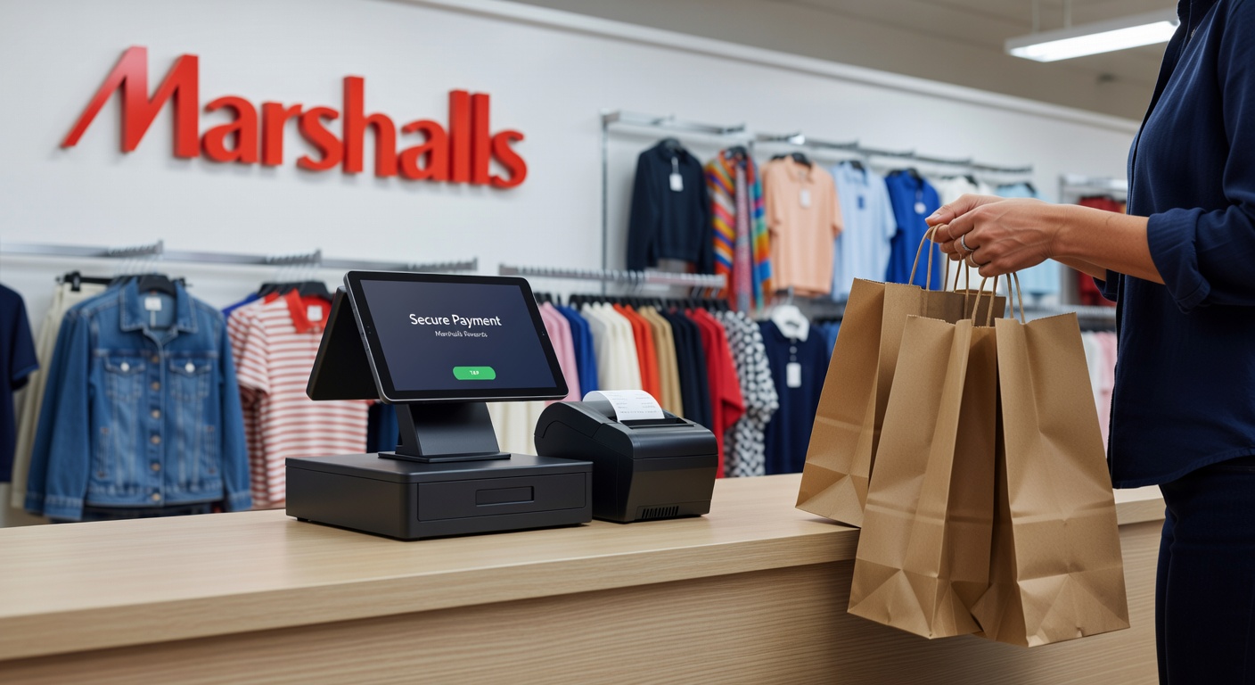 Ultra-realistic 8K photograph of retail point-of-sale system in Marshalls store with secure payment processing, customer transaction in progress, bright retail lighting