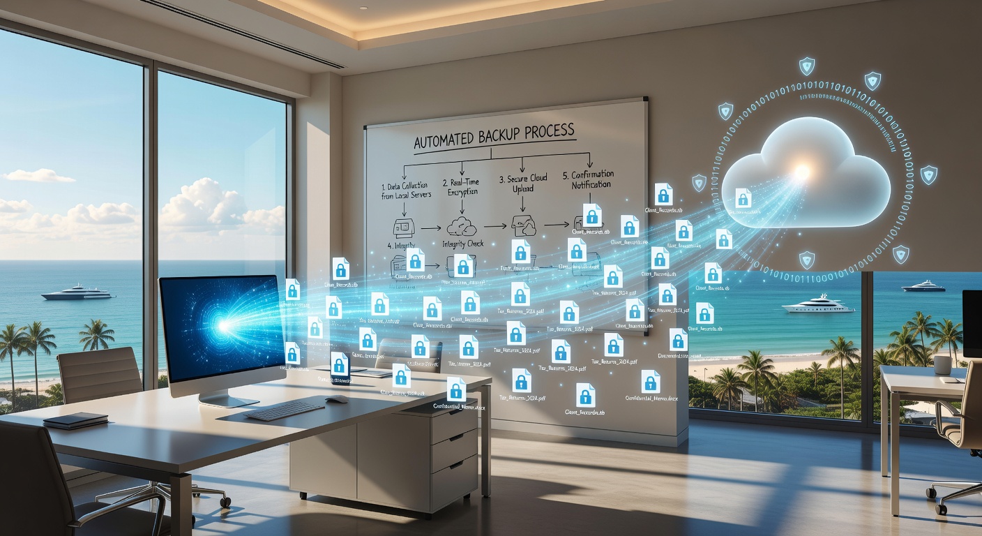 Ultra-realistic 8K image of automated backup process visualization with secure data encryption icons flowing from office computers to cloud storage, professional Naples FL setting with waterfront view