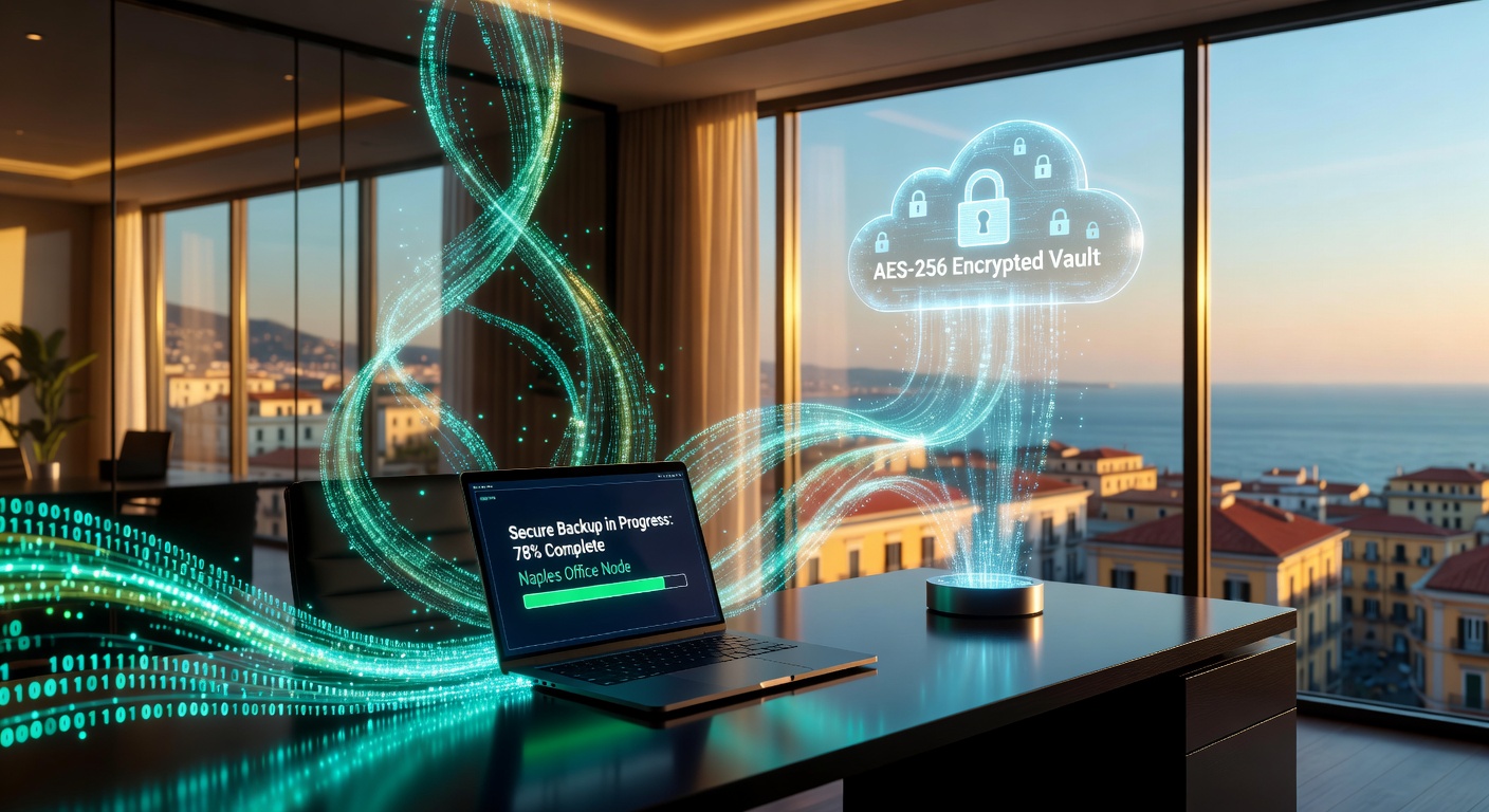 Ultra-realistic 8K visualization of data being securely backed up to the cloud from a Naples office building, showing encrypted data streams traveling to floating cloud storage with protection symbols