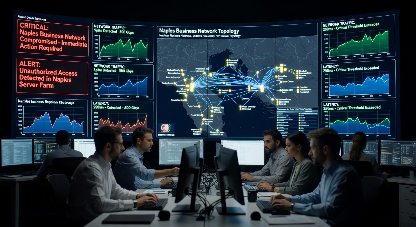 Ultra-realistic 8K image showing proactive IT monitoring with multiple screens displaying alerts, graphs and Naples business network maps