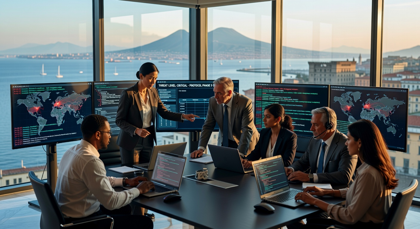 Ultra-realistic 8K image of an incident response team in a modern Naples boardroom actively managing a cybersecurity crisis on large display screens