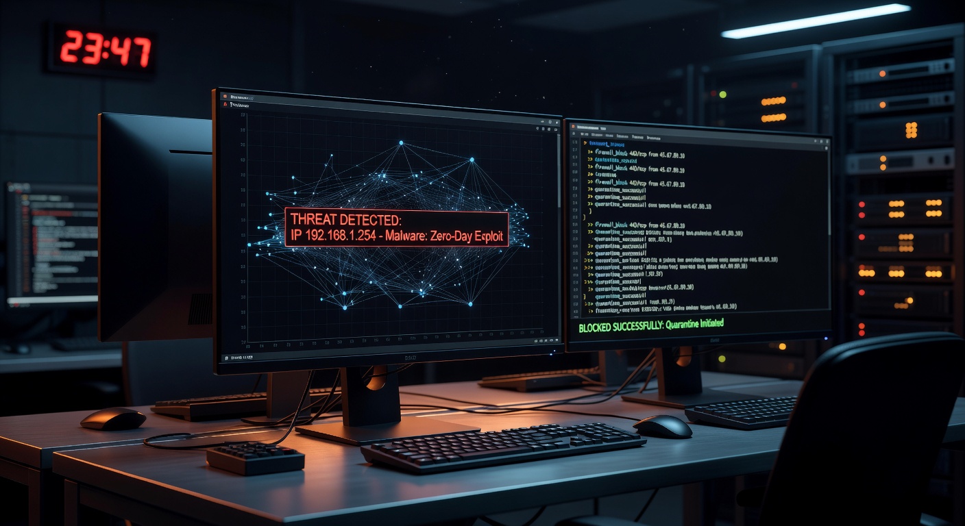Detailed 8K image of cybersecurity threat detection interface on multiple monitors in a dark command center, red warning elements being blocked by security systems