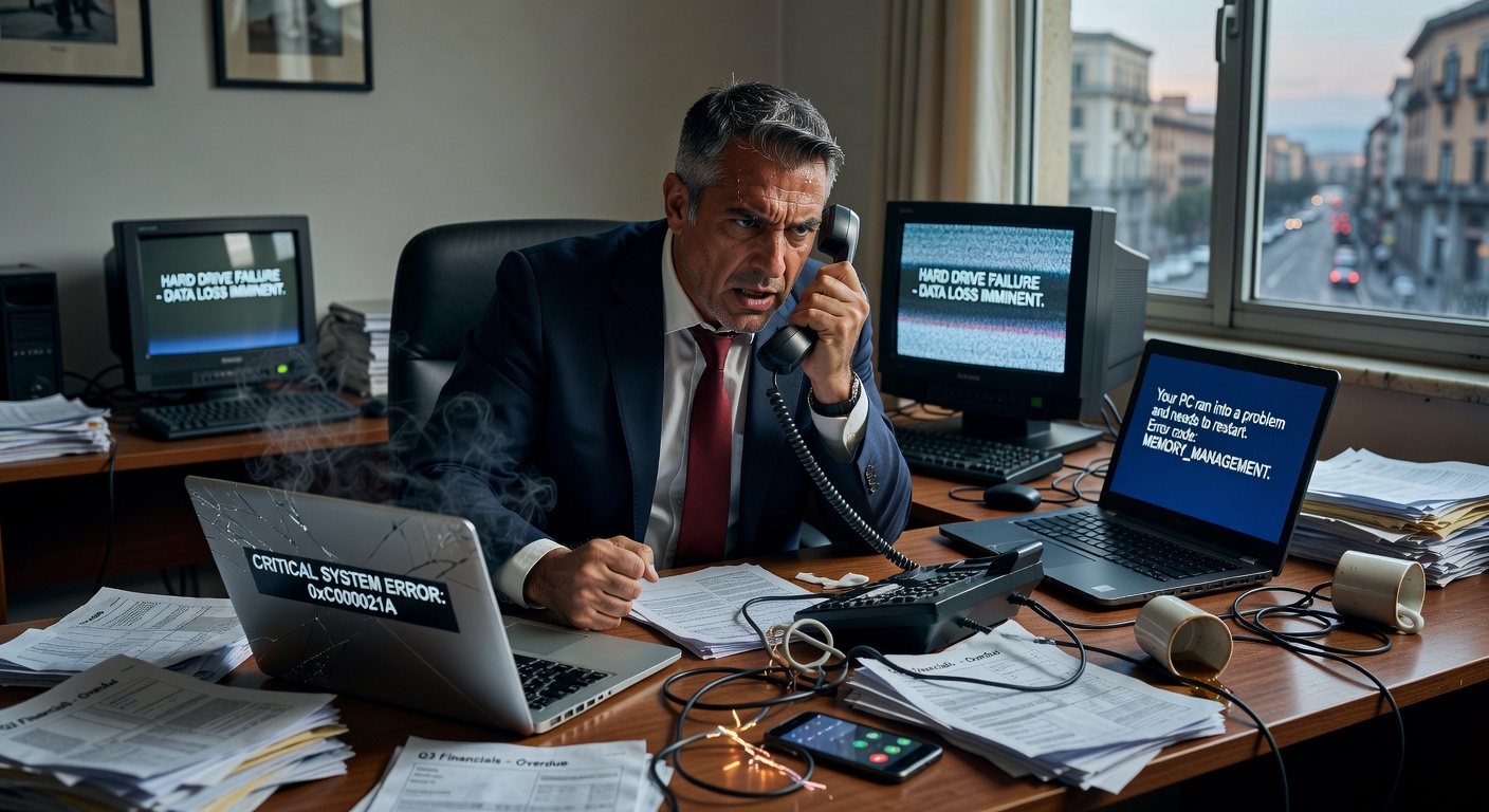 Ultra-realistic 8K photograph of angry Naples business owner hanging up phone after speaking with unresponsive IT provider, cluttered desk with multiple failing devices, natural window light