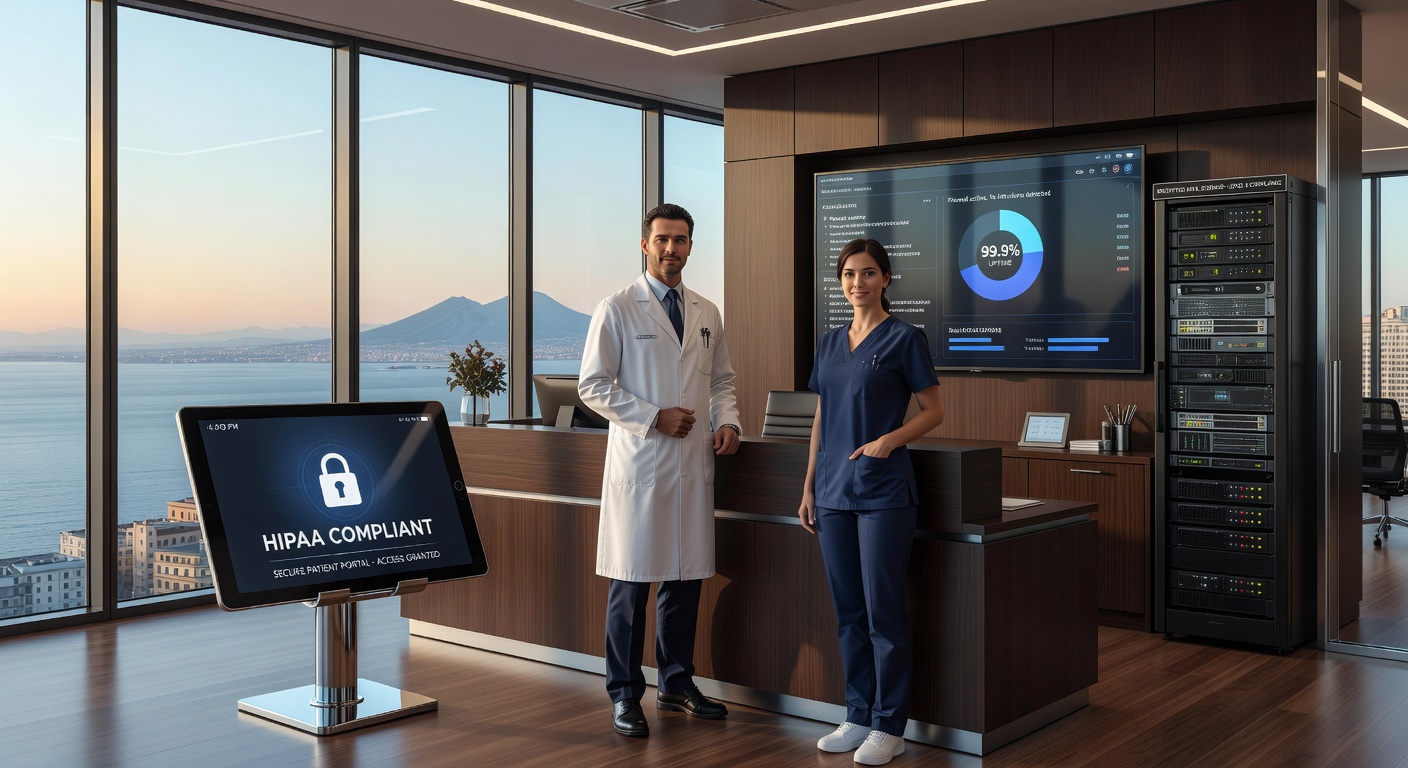 Ultra-realistic 8K image of a healthcare office in Naples with HIPAA compliant cybersecurity measures displayed, including secure tablets, encrypted patient records, and professional medical staff