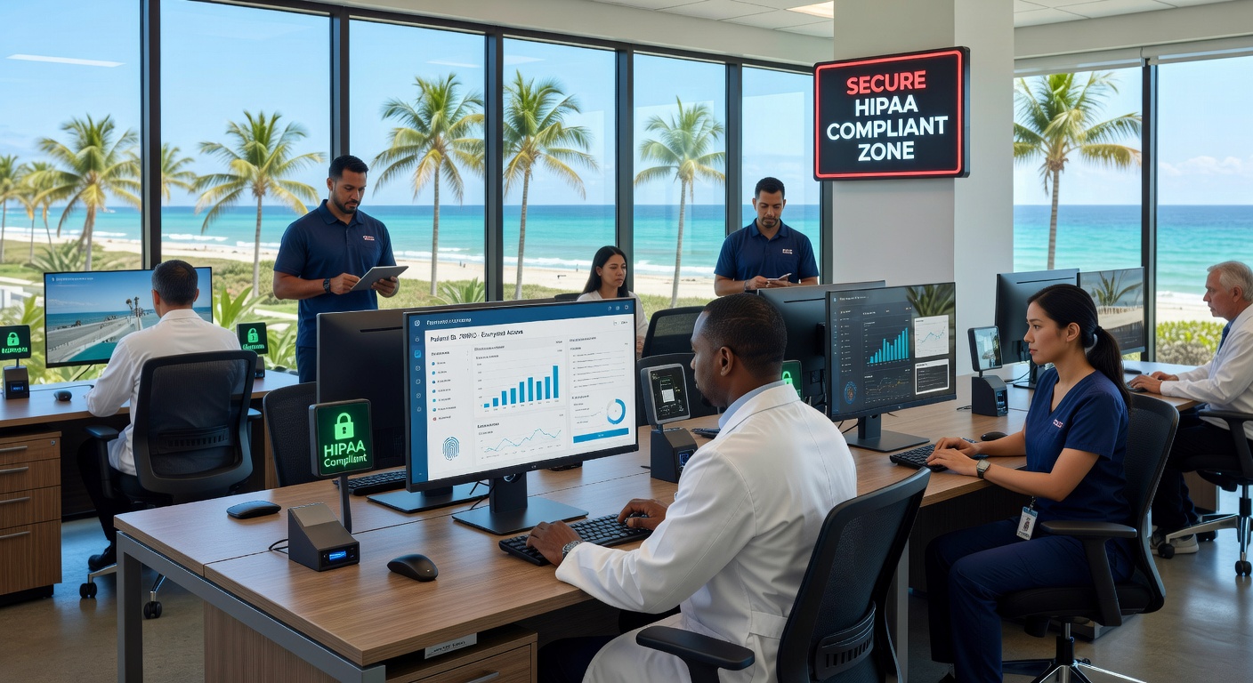 Ultra-realistic 8K photo of a Naples Florida healthcare office with secure HIPAA compliant technology systems and medical professionals using computers