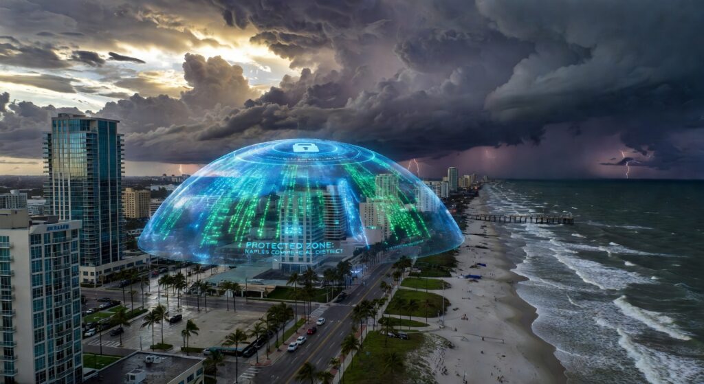 Ultra-realistic 8K aerial view of Naples Florida coastline during approaching hurricane with digital data protection shield overlay protecting downtown business district, dramatic storm clouds, cinematic lighting