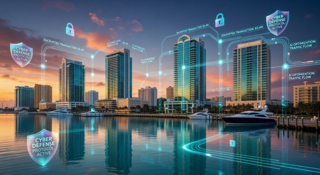Ultra-realistic 8K image of Naples Florida skyline at sunset with digital AI network connections overlaying luxury waterfront buildings, showing data streams and security shields, professional business photography style