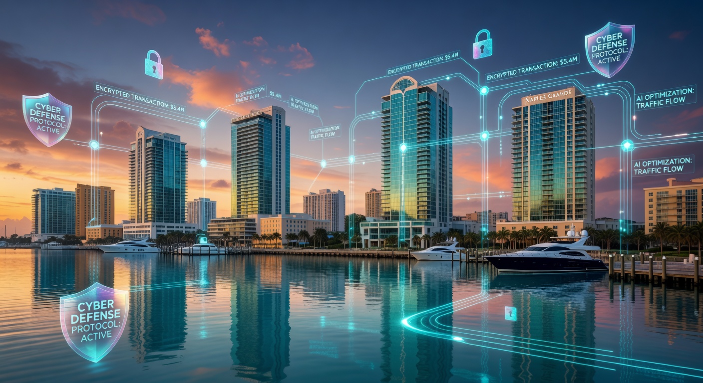 Ultra-realistic 8K image of Naples Florida skyline at sunset with digital AI network connections overlaying luxury waterfront buildings, showing data streams and security shields, professional business photography style