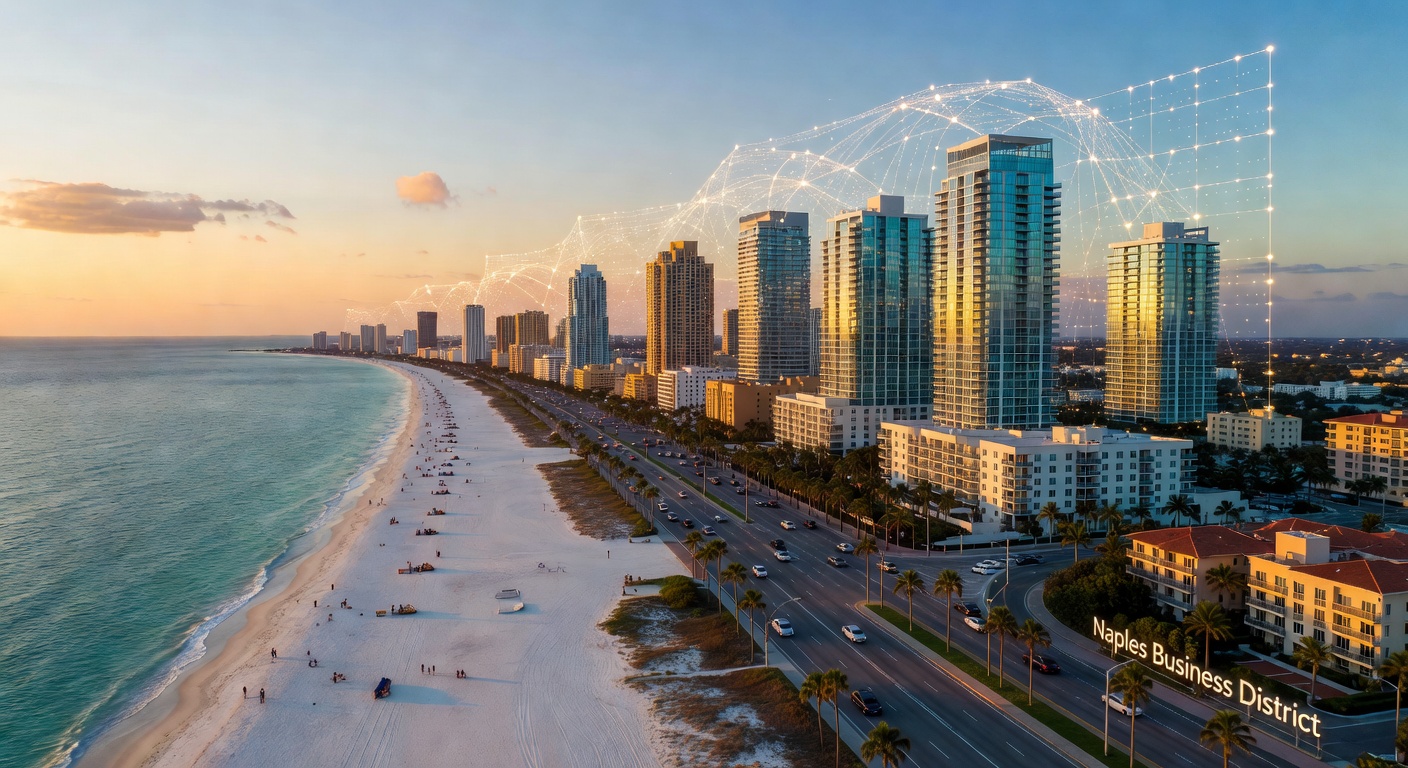 Ultra-realistic 8K aerial view of Naples Florida coastline with luxury high-rise buildings and business district during golden hour, showing technology network connections overlay, professional business atmosphere