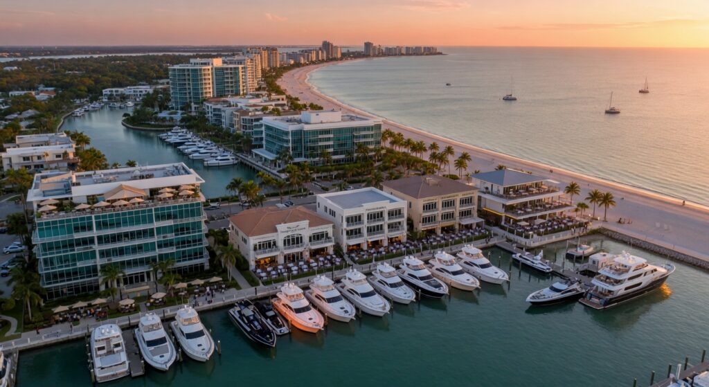 Ultra-realistic 8K aerial view of Naples Florida coastline with luxury waterfront businesses and modern office buildings during golden hour, professional business photography style