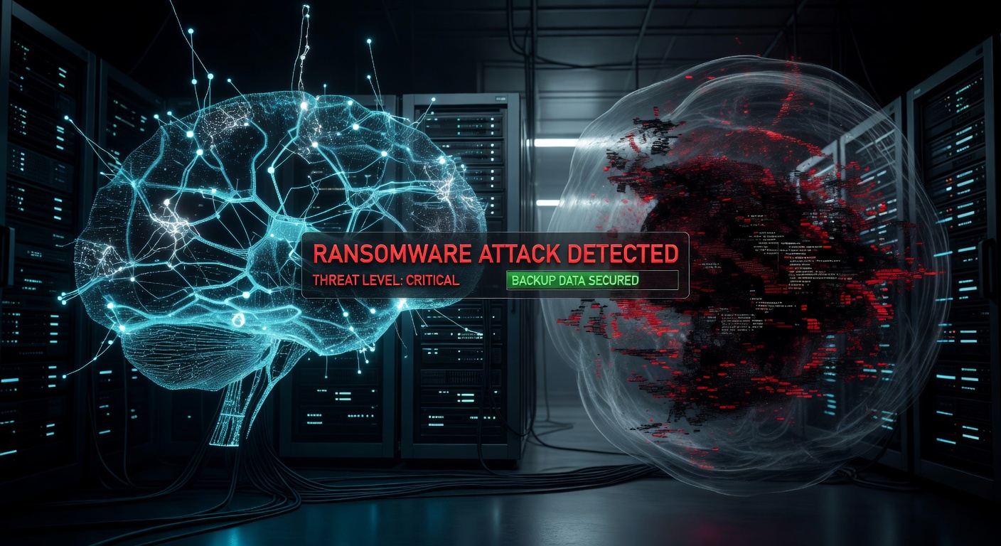 AI-powered ransomware detection system preventing attack on backup data, futuristic cybersecurity visualization with warning elements, dark dramatic 8K