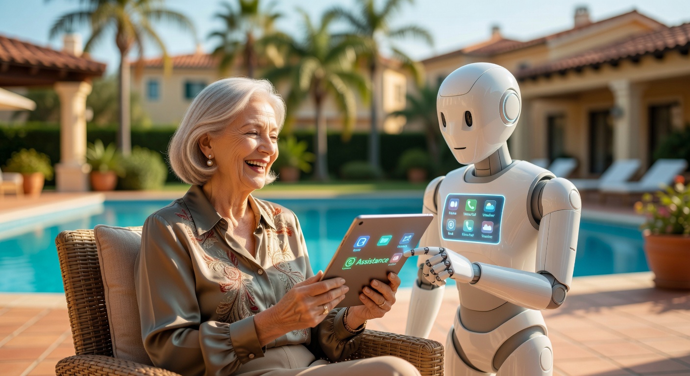 Professional 8K photograph of an AI virtual assistant helping an elderly Naples resident with technology, warm and approachable atmosphere in a luxury retirement community