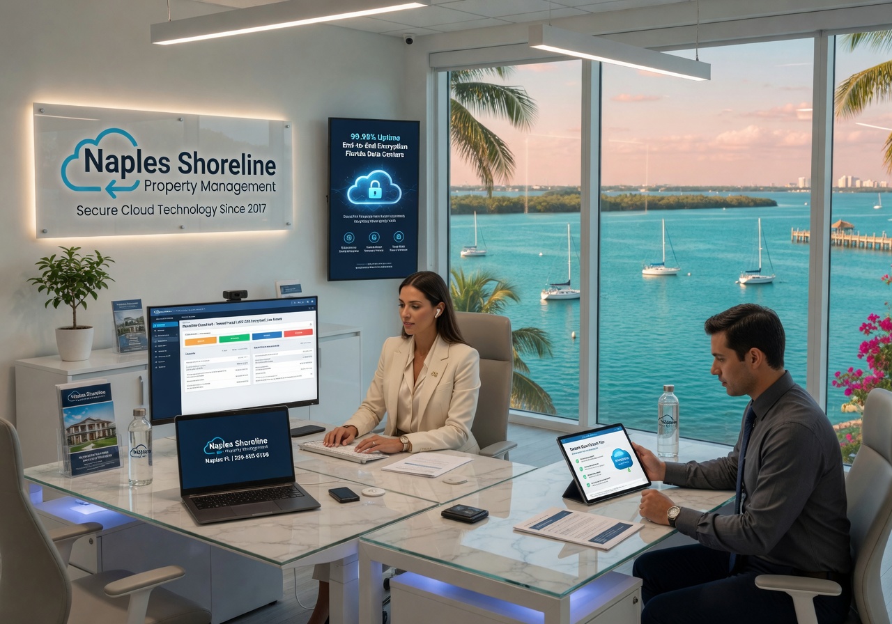 Property management company in Naples FL using secure cloud technology, professional staff at desks with waterfront view, ultra-realistic 8K photography