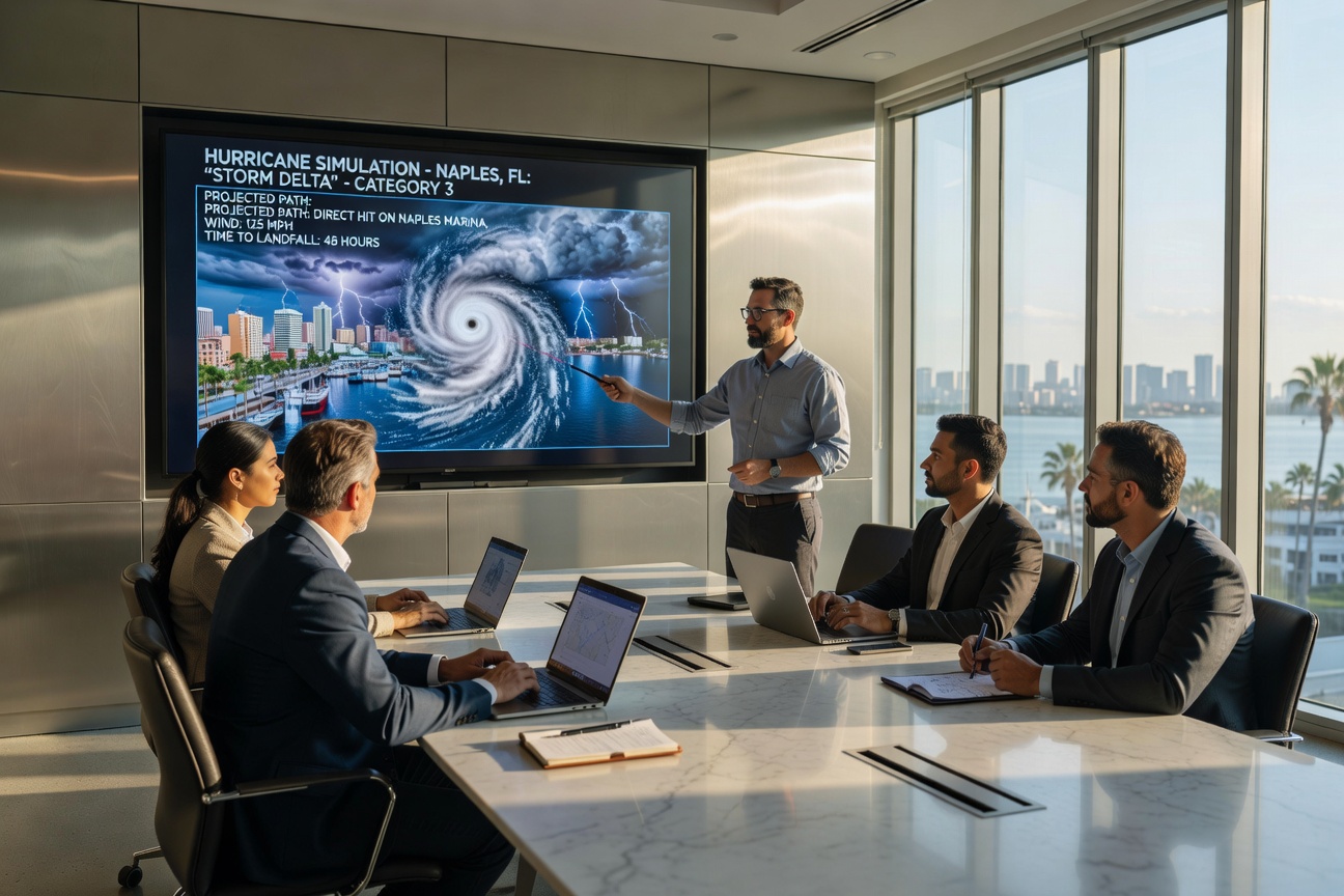 Quarterly disaster recovery testing procedure with IT team conducting hurricane simulation in Naples boardroom, professional collaborative scene, photorealistic 8K