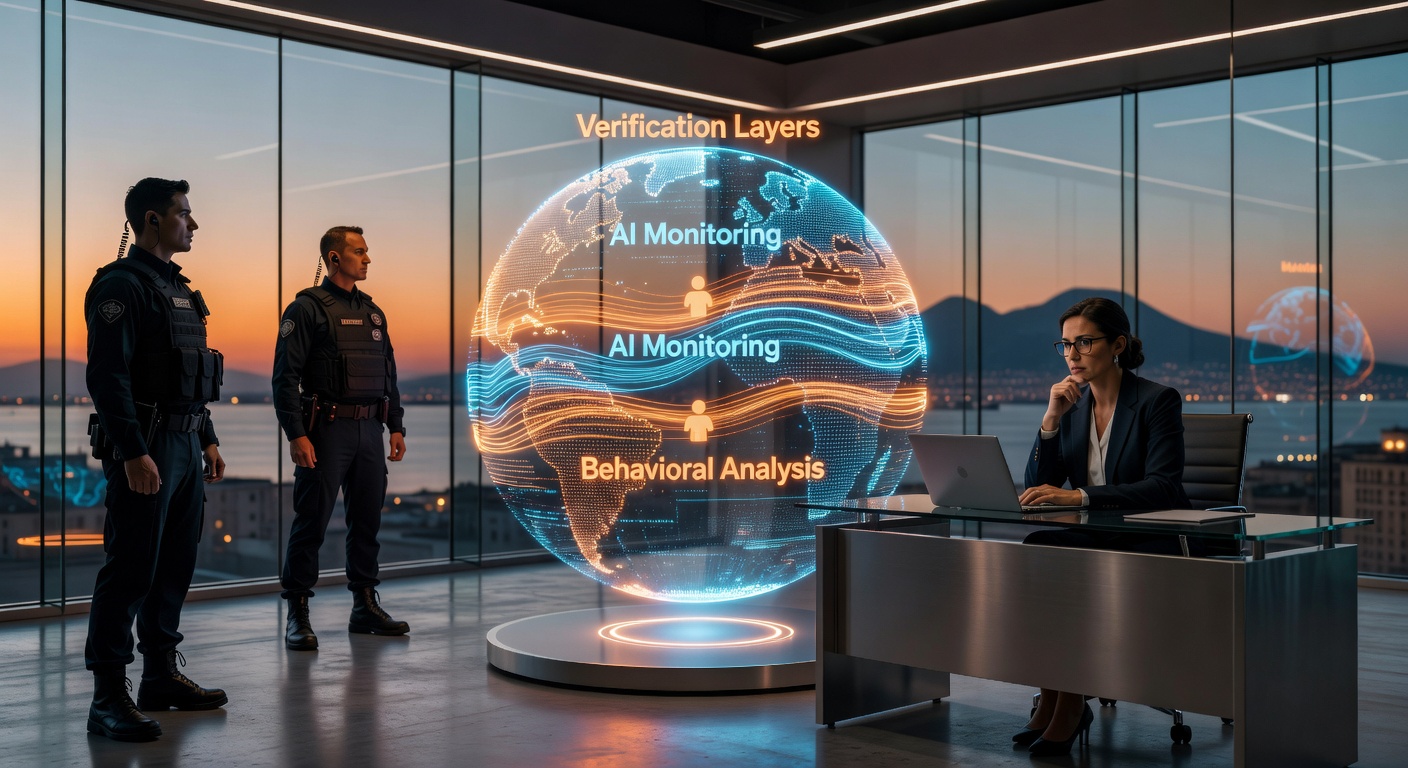 Ultra-realistic 8K image of Zero Trust security architecture visualized with multiple verification layers, AI monitoring, and behavioral analysis in a financial services office in Naples