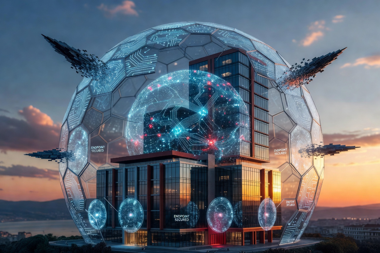 Multi-layered cybersecurity defense visualization with firewall, endpoint protection, and threat detection layers protecting a Naples business building, technical illustration style