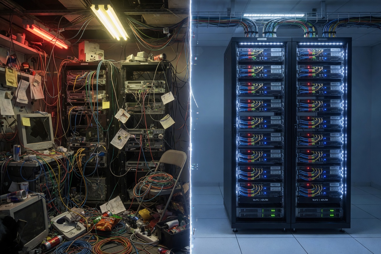 Before and after split image showing chaotic messy server room versus perfectly organized clean server rack, dramatic lighting contrast, photorealistic 8K