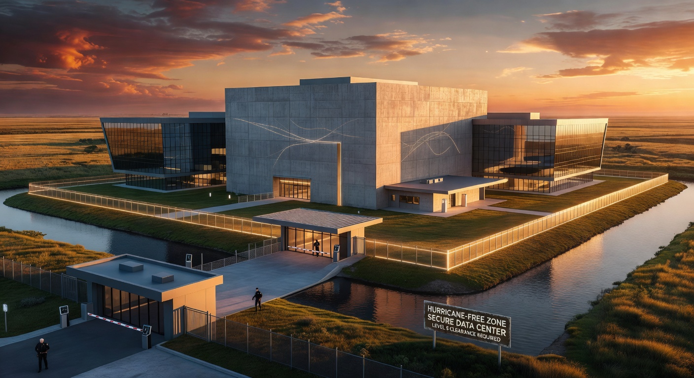Secure data center facility located outside hurricane zone with multiple layers of physical security, dramatic aerial perspective at golden hour, ultra-realistic 8K