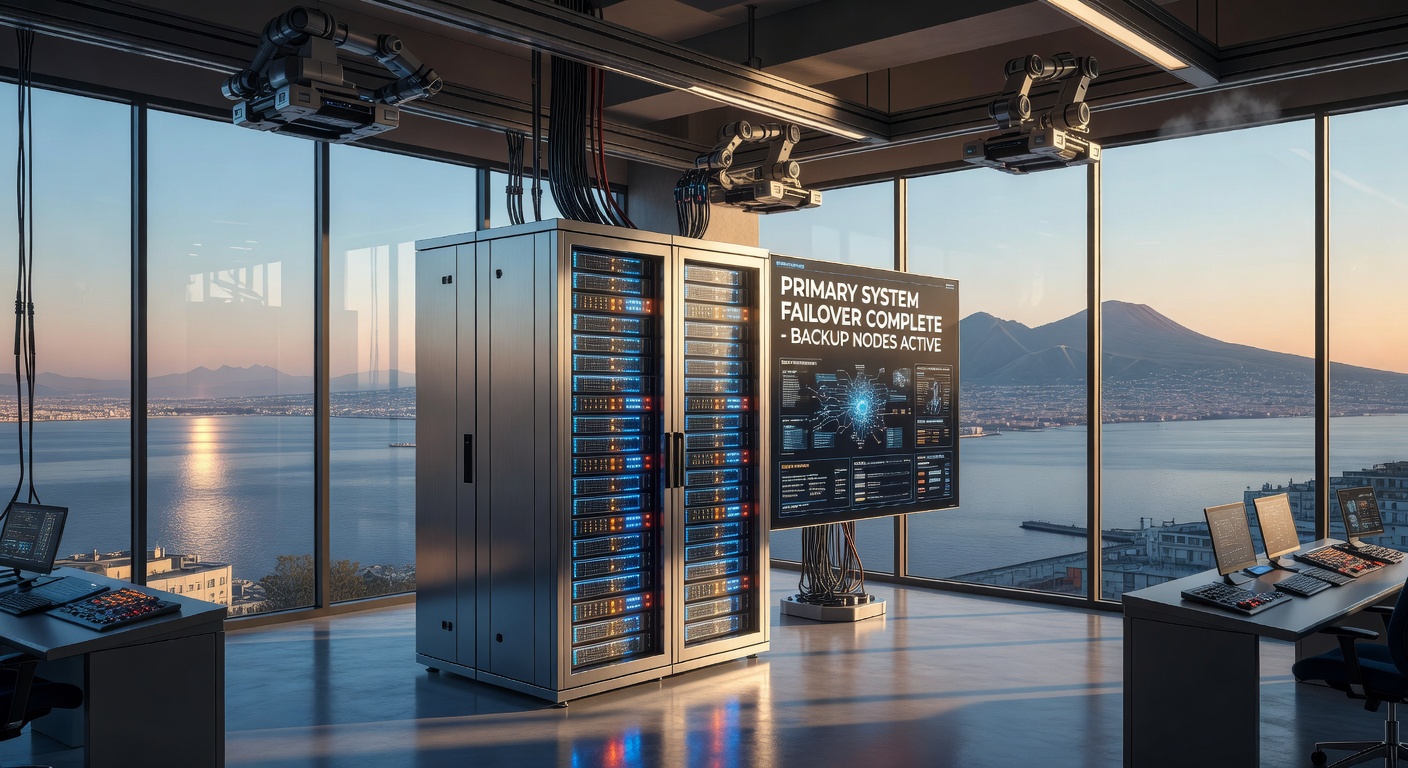 Detailed 8K visualization of disaster recovery process with AI automation, showing seamless transition from primary to backup systems with Naples coastline visible through windows