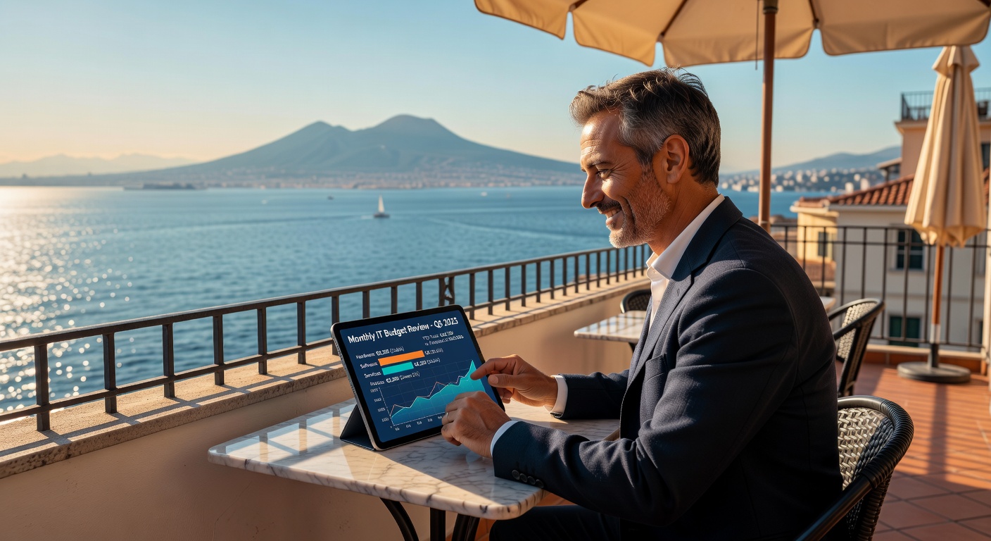 Predictable monthly budgeting concept showing happy Naples business owner reviewing stable IT costs on tablet while sitting on balcony with ocean view