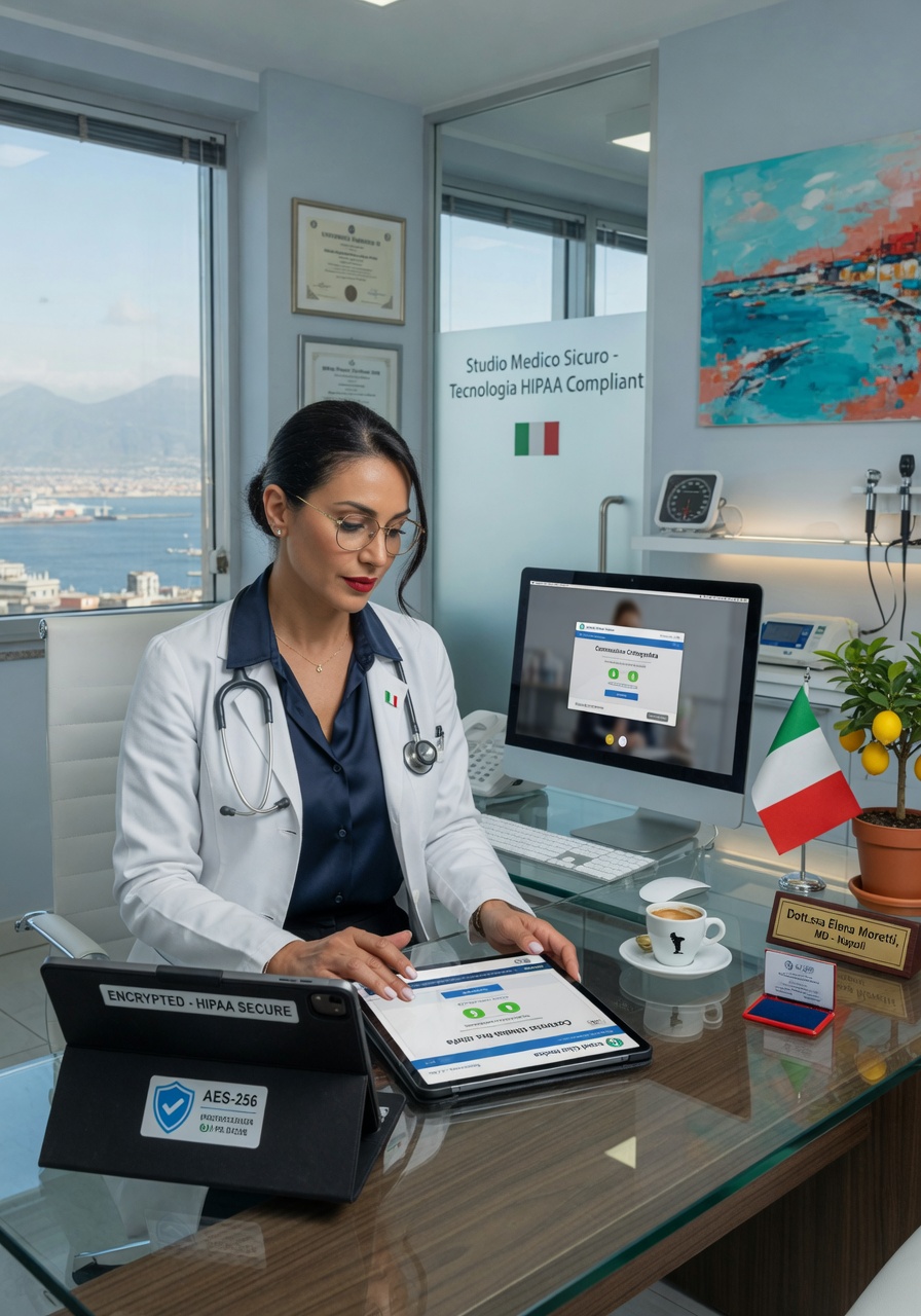 Healthcare professional in Naples medical office using secure HIPAA compliant technology, modern medical setting, professional atmosphere, ultra-realistic