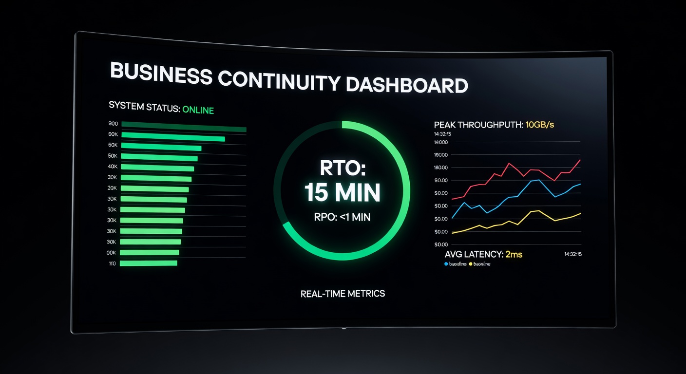 Business continuity dashboard displaying RTO and RPO metrics in real-time with 15-minute recovery goal highlighted in green, sleek modern interface, 8K resolution